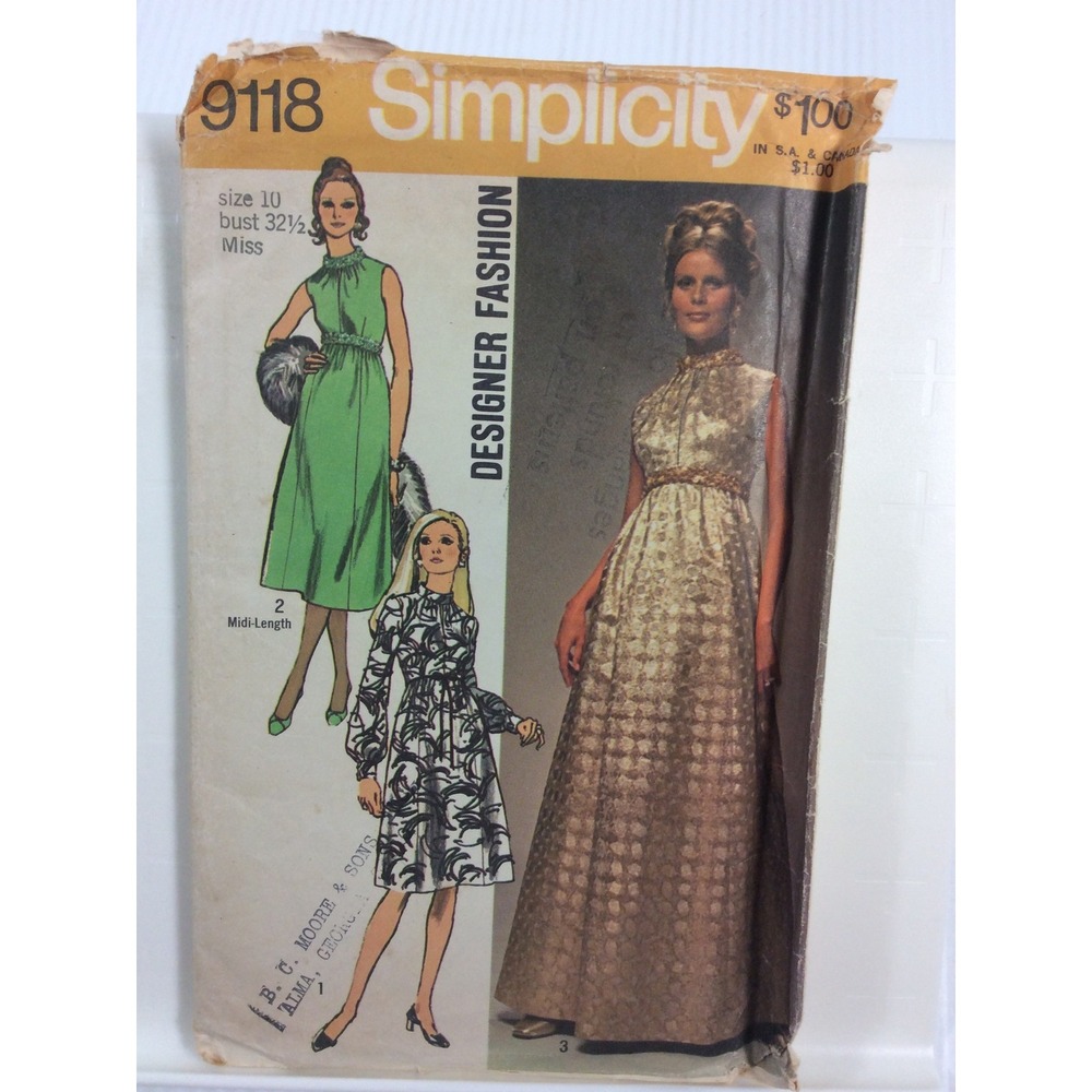 1970 Simplicity 9118 Vintage Sewing Pattern Women Dress in 2 Lengths Size 10